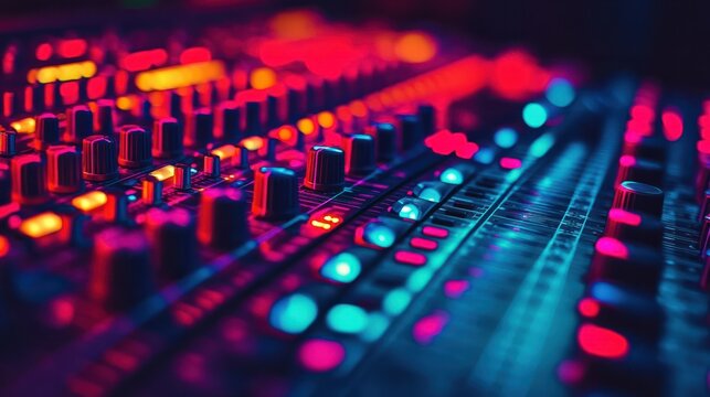colorful music audio mixing board in closeup of a recording, audio track background in a dark recording, industrial machinery aesthetics, multimedia, selective focus, brightly colored