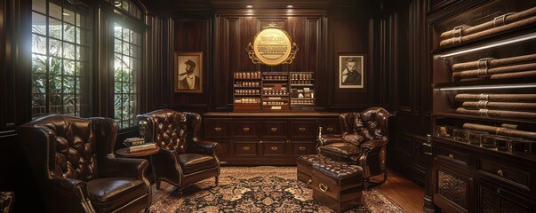 A vintage 1920s-inspired smoking room with dark wood paneling, a collection of cigars in a custom humidor, and leather club chairs