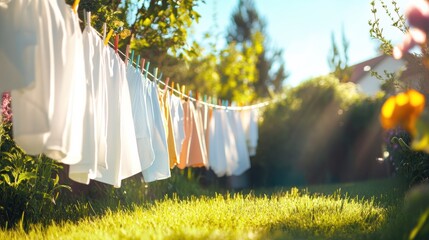 Brightly colored clothes and crisp white sheets sway gently on a clothesline in a sunny garden filled with lush greenery and flowers. Generative AI