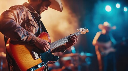 Obraz premium Country music festival with guitarist on stage wearing cowboy hat playing country western music