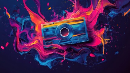 Creative colorful retro concept of melting cassette tape, symbols of celebration and music party. Contemporary art and old fashioned style. Illustration. Generative AI.