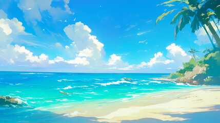 serene beach scene with crystal clear water and vibrant skies evokes relaxation and tranquility anime cartoon style