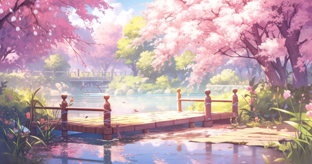Obraz premium serene urban park with cherry blossoms and tranquil pond invites relaxation anime cartoon style
