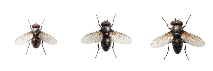 A close-up view of three different flies displaying detailed features, perfect for educational or scientific purposes. on transparent cutout, PNG file