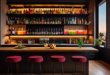 elegant home bar display featuring array vibrant cocktail ingredients sleek modern design, glass, bottles, shaker, tools, jigger, accessories, garnish, ice