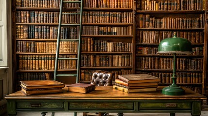 A vintage home library with leather-bound books, a rolling ladder, and a classic green desk lamp