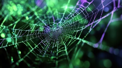 Digital spider web green and violet 3D rendering High quality photo