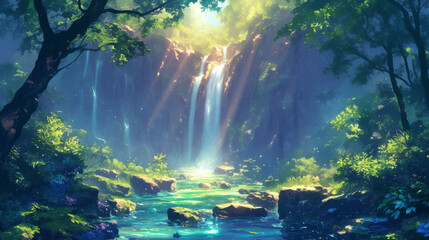 serene waterfall cascades through vibrant forest, creating magical atmosphere