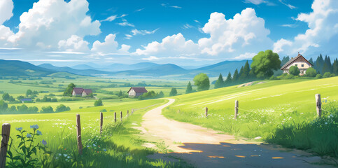 Naklejka premium Idyllic countryside with rolling hills and peaceful atmosphere anime cartoon style