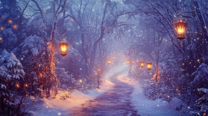Obraz premium Snowy Path with Lanterns