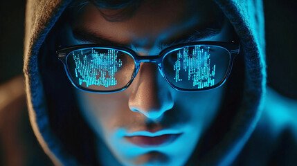 Male hacker wearing glasses that display digital data