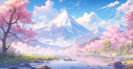 Obraz premium Majestic mountain landscape with cherry blossoms and serene water