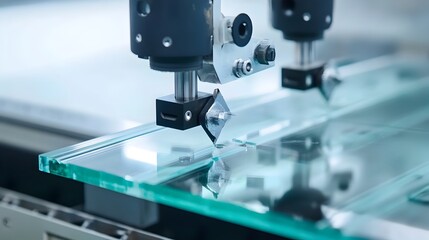 Close up of precision glass cutting tools being meticulously used to shape and sculpt glass for bespoke architectural designs and construction projects