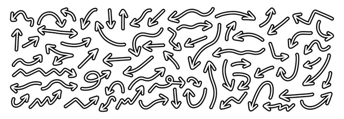 Hand drawn arrows collection Set simple flat arrows isolated on white background. Arrow mark icons and arrow paint. Stock vector. EPS10.