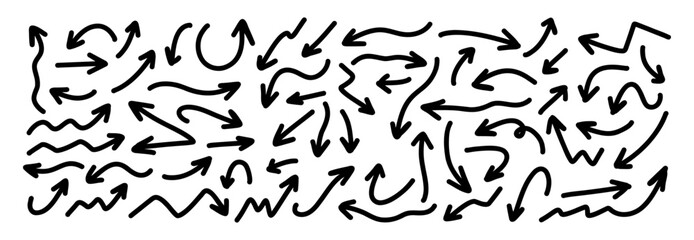 Hand drawn arrows collection Set simple flat arrows isolated on white background. Arrow mark icons and arrow paint. Stock vector. EPS10.