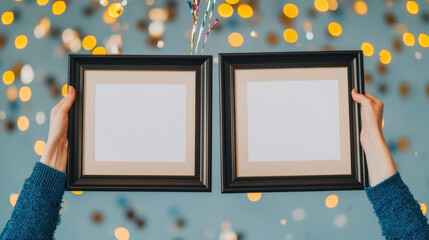 Hands holding two framed certificates with blurred festive background.