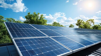 Green energy concept with outdoor solar panels and industrial roof equipped with blue tone solar cells