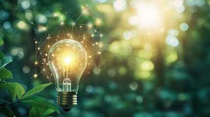 Green new deal: double exposure of light bulb and data chart symbolizing energy cost reduction and sustainability efforts