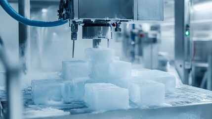 Close up view of an industrial ice production facility showcasing the process of sculpting and shaping solid ice blocks using specialized machinery and equipment