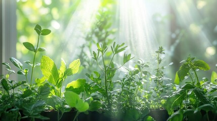 Naklejka premium Lush Green Plants Basking in Sunlight Through a Window