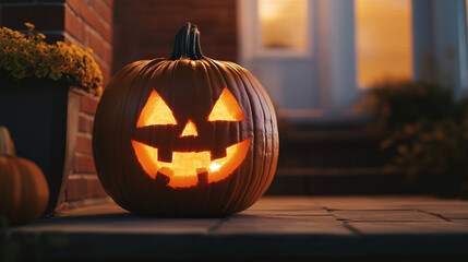 Obraz premium Jack-o-lantern pumpkin on the porch of a private house on Halloween eve