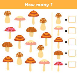 How many counting game with cute mushroom illustration. Counting educational children game. Math kids activity sheet. 