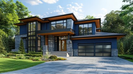 Luxurious new construction home, modern style home two car garage, blue siding natural stone wall, generative ai