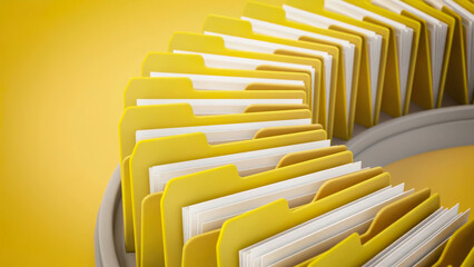 Spinning yellow file folders with blank papers. 3D illustration