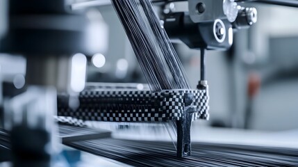 Close up view of precisely aligned carbon fiber filaments being stretched and prepared for advanced manufacturing processes