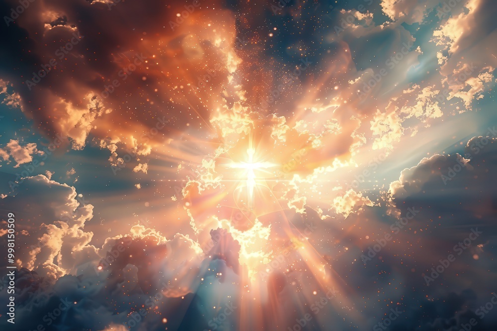 Canvas Prints a bright light shining through a cloudy sky with a cross in the middle, generative ai image