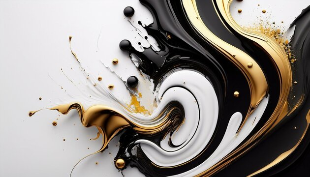 Abstrakcyjne białe tło z płynną, rozlewającą się czarną, białą i złotą farbą 