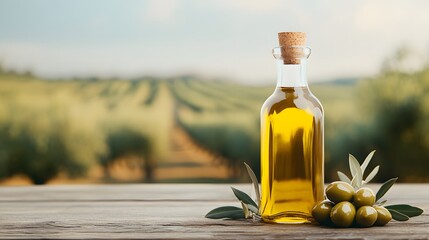 A glass bottle of golden olive oil sits on a wooden table with fresh olives and leaves, set against a lush olive grove background.