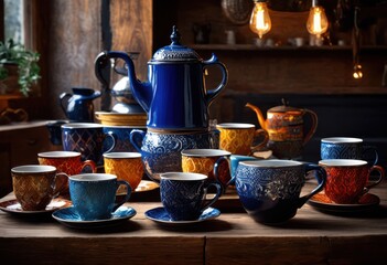 Fototapeta premium elegant collection stylish coffee cups featuring steaming brew cozy inviting morning experience, barista, brewing, ceramic, porcelain, thermal, beverage