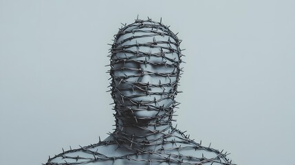 A striking portrayal of a figure entwined in barbed wire, evoking themes of struggle, entrapment, and vulnerability.