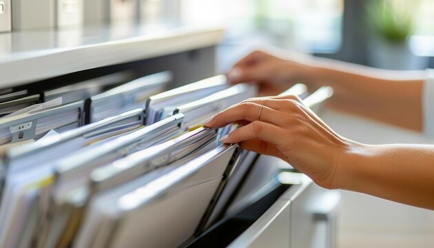 Close-up of a person's hands organizing documents in a filing cabinet, neat office setting, natural lighting, focus on hands and documents, space for text, high quality, white background