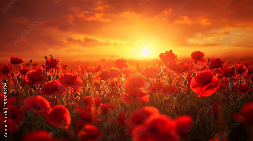Aufkleber A field of red poppies with the sun setting in the background