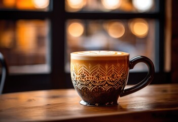 Fototapeta premium colorful detailed latte art displayed mug rustic wooden table surface, coffee, drink, cup, design, cream, foam, beverage, texture, pattern, barista, hot