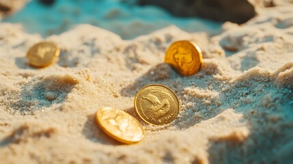 Conceptual image of ancient golden coins buried in the sand symbolizing hidden treasure buried gold and the excitement of a treasure hunt for valuable artifacts and riches from the past