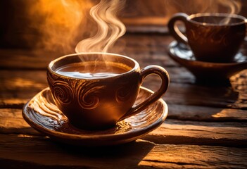 Obraz premium close steaming coffee textured mug showcasing rich textured inviting warmth, artisan, beverage, dark, design, drink, espresso, heat, handmade, ceramic