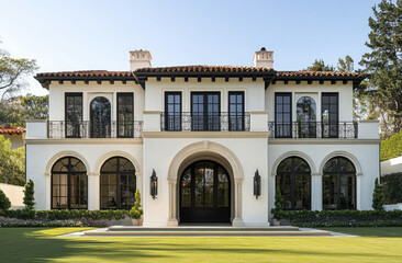 Obraz premium A two-story villa with white walls and black windows, located in the middle of an open lawn, featuring European-style architecture