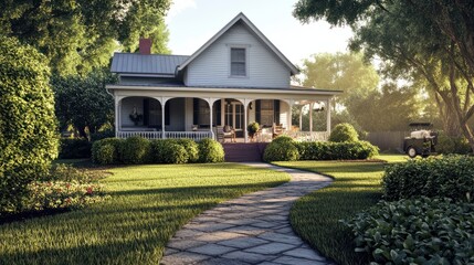 Obraz premium Southern home with inviting front porch and expensive kind. A typical American home.