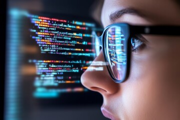 Codex Focus: A female programmer intensely studies lines of code reflected in her glasses, illuminated by the glow of the computer screen.  A captivating image representing dedication.