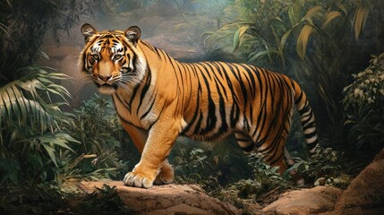 Striped tiger depicted in an artistic style at an animal exhibit