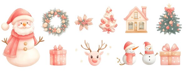 Set of Christmas icons, soft lighting, pastel colors, cute digital art.