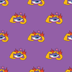 square seamless pattern -sinister eyes for Halloween.Devil eyes in 1970s psychedelic style.Groovy and funky print ornament.A look from a horror movie. Mystical esoteric eye.Witches,astrology and tarot