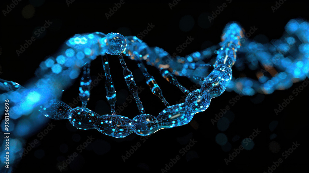 Poster close up view of DNA double helix structure, showcasing intricate details and glowing blue elements against dark background, symbolizing life and genetic information