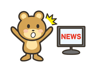 テレビのニュースを見て驚くかわいいくまさんのイラスト