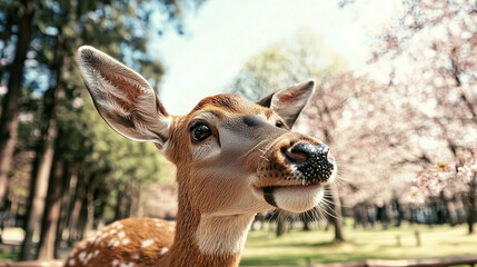 Obraz premium A deer with white spots on its face is looking at the camera
