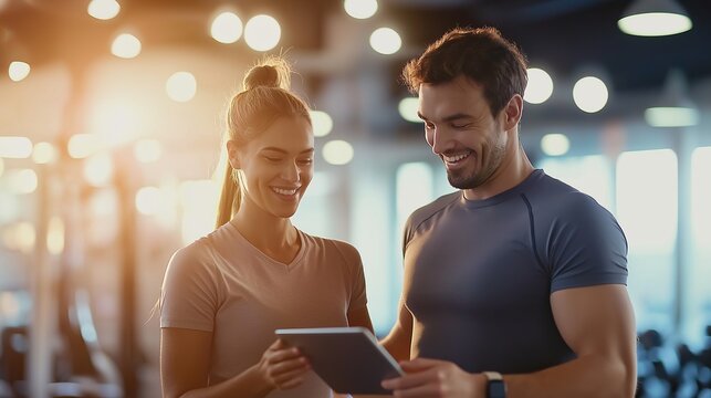 Fitness trainer and client reviewing workout progress on a digital tablet in a bright, modern gym, symbolizing personal training, motivation, and health goals