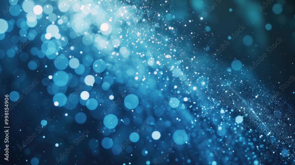 Poster Stunning blue bokeh background with shimmering particles creating dreamy atmosphere. This image evokes sense of tranquility and wonder, perfect for various creative projects